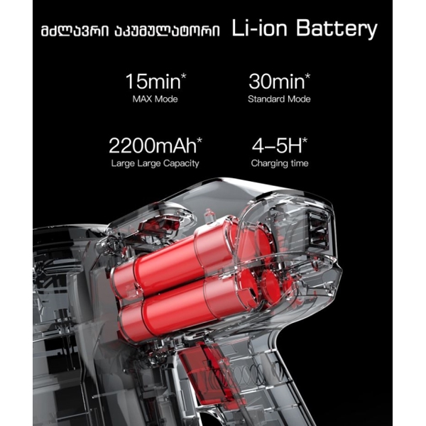 ხელის უსადენო მტვერსასრუტი Dibea D008 Pro 17KPa Cyclone Suction, 2- in- 1 absorption & sweep function, 250W Large Power, 120+㎡ House Cleaning, Battery Capacity: Li-ion2200mAh, Charging time: 4-5Hours, Dust Cup: 0.55L(max)  