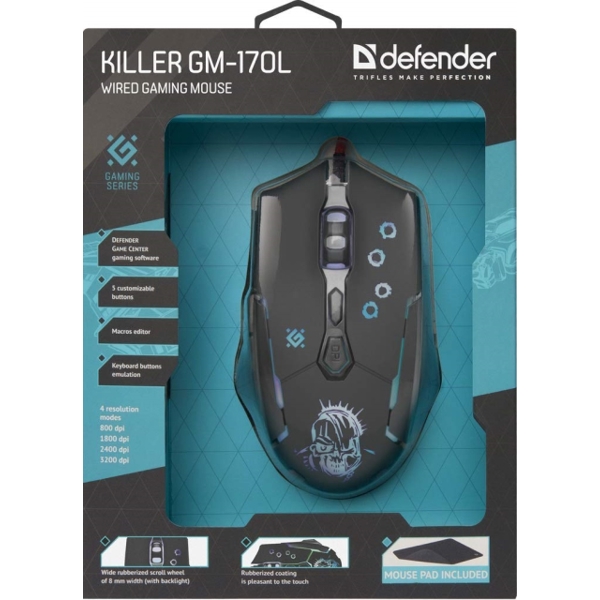 მაუსი Defender 52170 Killer GM-170L Wired Gaming Mouse Black, 7 buttons, 3200dpi