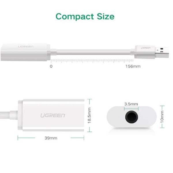 ხმის ბარათი UGREEN US206 (30712) USB A Male to 3.5 mm Aux Cable (White) 2 in 1 External Sound Card 3.5mm USB Audio Adapter Interface Selfie Stick for iPhone EarPods Headphones Cable Computer Sound Card with USB Interface