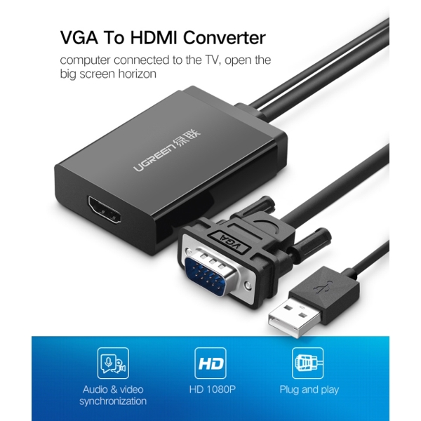 ადაპტერი UGREEN MM106 (40213) VGA + USB Audio to HDMI Converter 0.5m (Black)