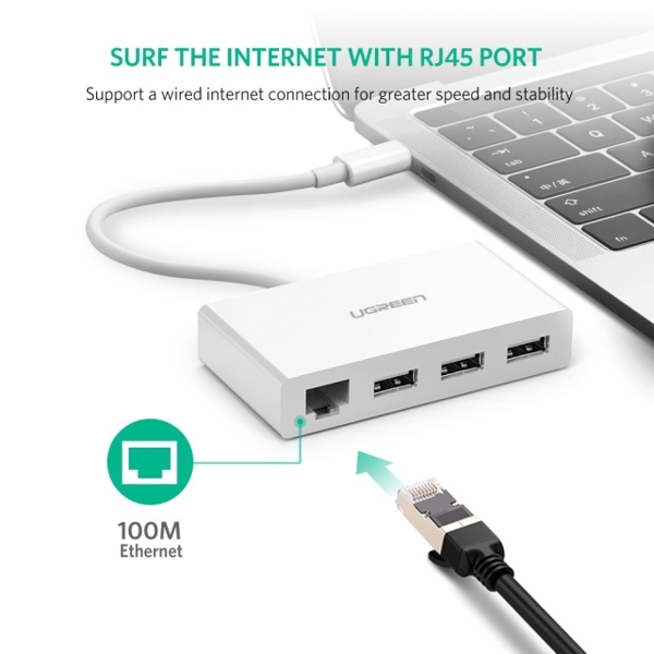 USB ჰაბი + ადაპტერი UGREEN US237 (40382) USB Type-C to 3-Port Hub +10/100Mbps Ethernet Adapter 