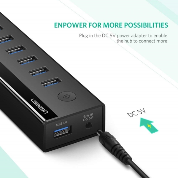 USB ჰაბი UGREEN US219 (40522) 7 Port USB 3.0 Hub (Black) + კვების პლოკი