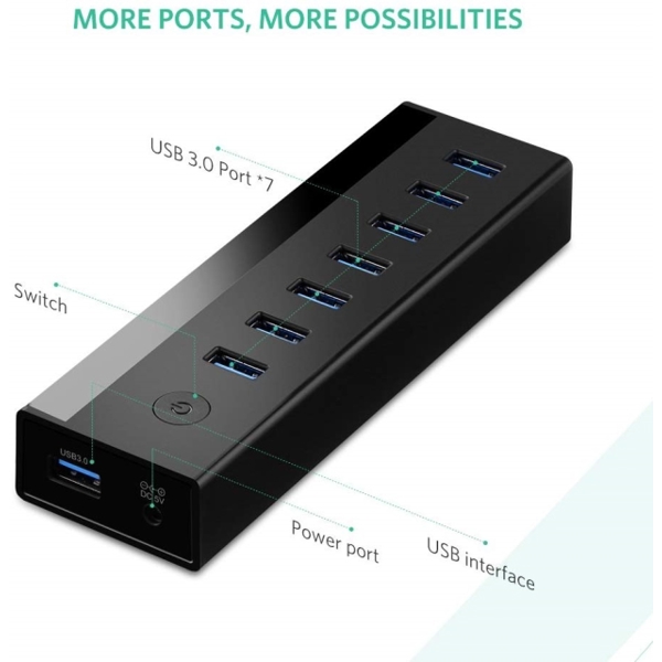 USB ჰაბი UGREEN US219 (40522) 7 Port USB 3.0 Hub (Black) + კვების პლოკი