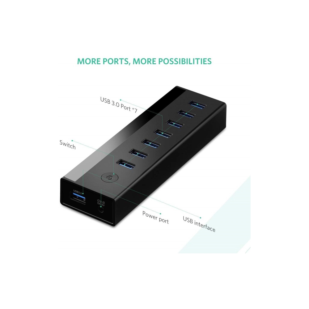 USB ჰაბი UGREEN US219 (40522) 7 Port USB 3.0 Hub (Black) + კვების პლოკი