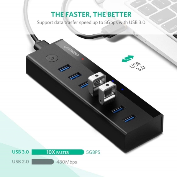 USB ჰაბი UGREEN US219 (40522) 7 Port USB 3.0 Hub (Black) + კვების პლოკი