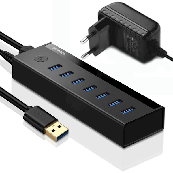 USB ჰაბი UGREEN US219 (40522) 7 Port USB 3.0 Hub (Black) + კვების პლოკი