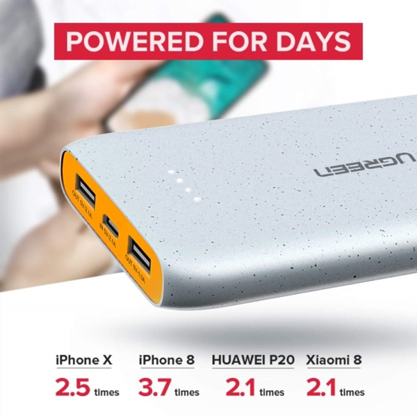 პორტატული დამტენი UGREEN PB107 (40969) 10000mAh Power Bank 2x USB-A + Micro USB (Gray)