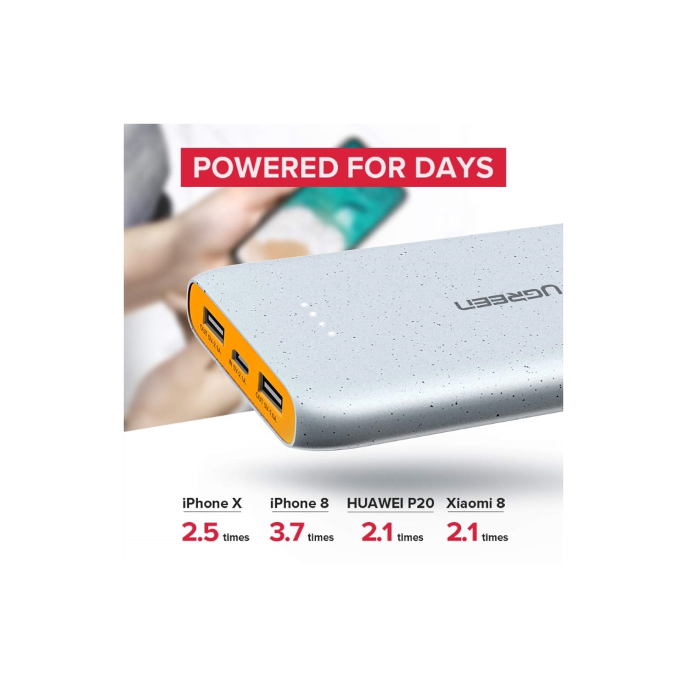 პორტატული დამტენი UGREEN PB107 (40969) 10000mAh Power Bank 2x USB-A + Micro USB (Gray)