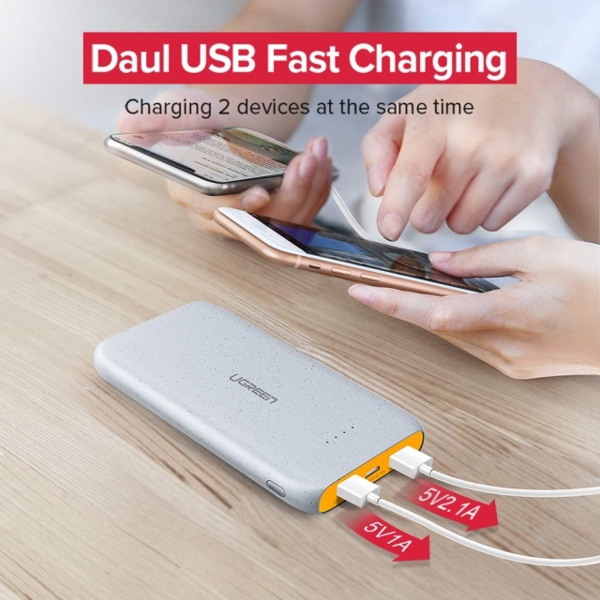 პორტატული დამტენი UGREEN PB107 (40969) 10000mAh Power Bank 2x USB-A + Micro USB (Gray)