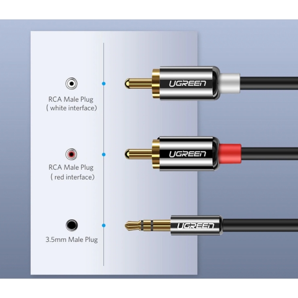 UGREEN AV116 (10584) 3.5mm to 2 RCA audio cable adapter male to male 3.5mm Audio Line to dual lotus head line 2 rca Aux Audio Cable 2m (Black)