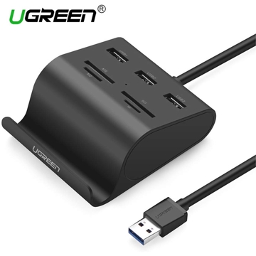 USB ჰაბი+ბარათის წამკითხველი UGREEN US156 (30984) USB Hub + Card Reader with Cradle 0.5m (Black)