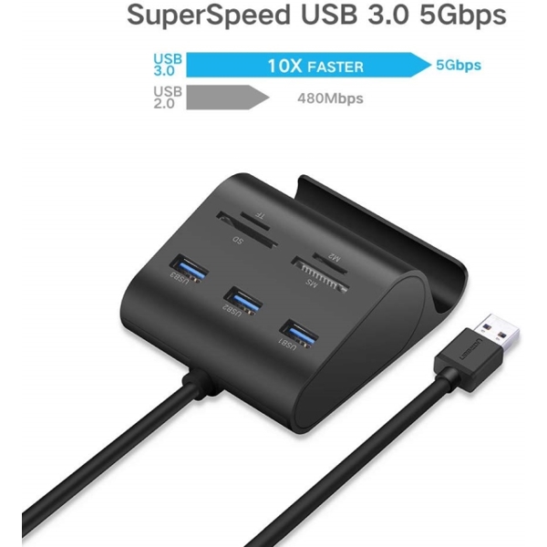 USB ჰაბი+ბარათის წამკითხველი UGREEN US156 (30984) USB Hub + Card Reader with Cradle 0.5m (Black)