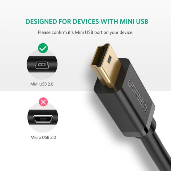 USB კაბელი UGREEN US132 (10386) USB 2.0 A Male to Mini 5 Pin Male Cable 3m (Black)