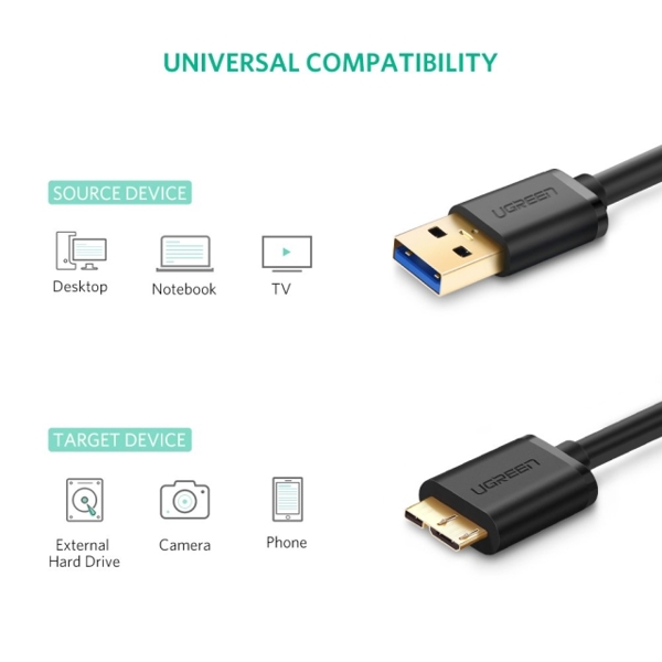 UGREEN US130 (10840) USB 3.0 A Male to Micro-B Male USB 3.0 Cable 0.5m (Black)