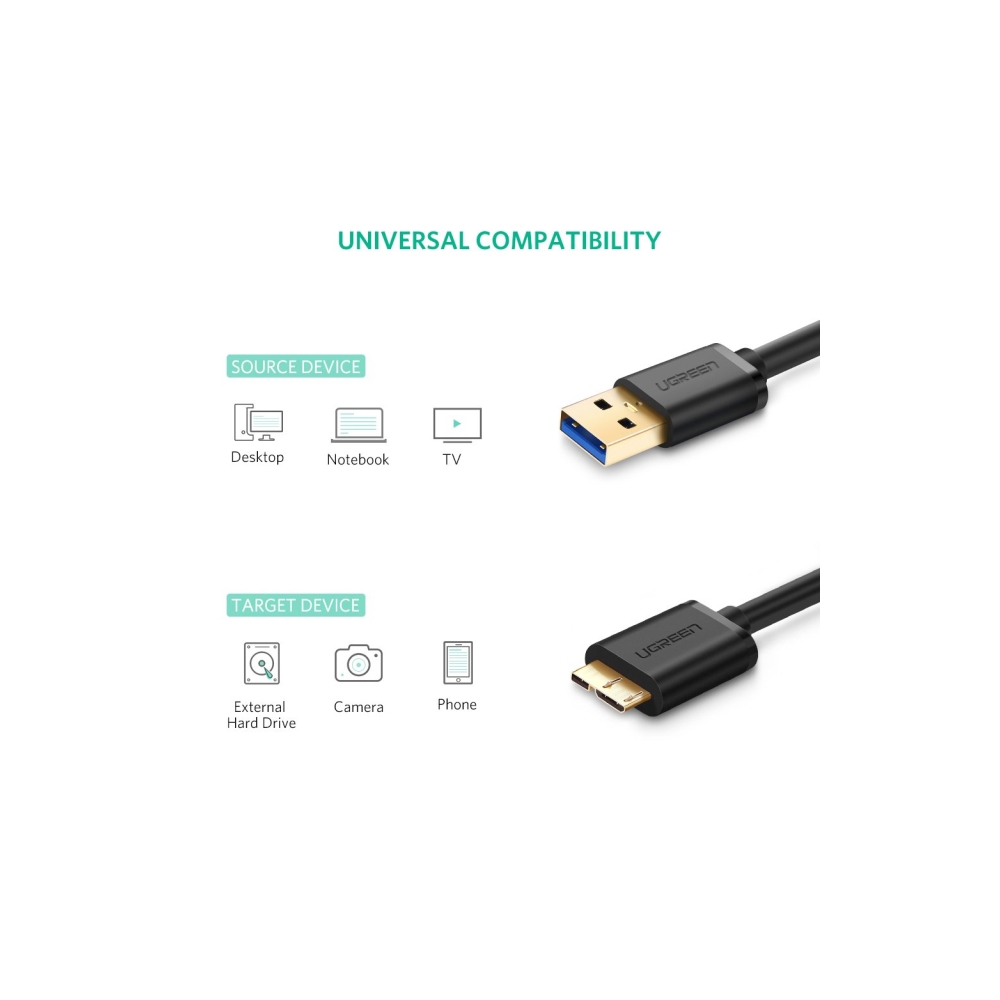 UGREEN US130 (10840) USB 3.0 A Male to Micro-B Male USB 3.0 Cable 0.5m (Black)
