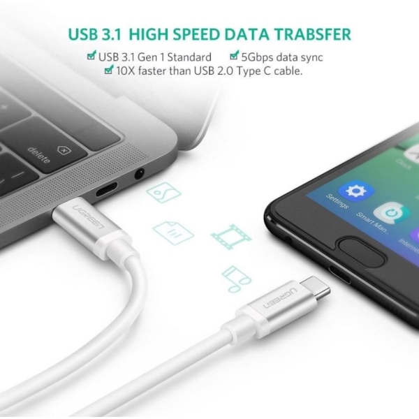 USB კაბელი UGREEN US161 (10682) USB 3.1 Type C Male to Type C Male Cable Nickel Plating Aluminum Shell 1.5m (White)