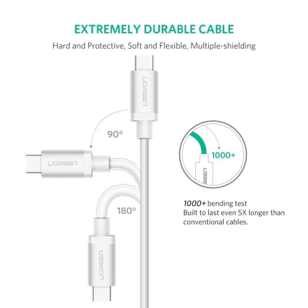 USB კაბელი UGREEN US161 (10682) USB 3.1 Type C Male to Type C Male Cable Nickel Plating Aluminum Shell 1.5m (White)
