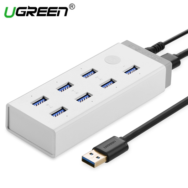 USB ჰაბი UGREEN CR116 (20296) USB 3.0 Hub 7 port with 12V 4A Power Adapter With BC1.2 For Laptop Surface 1m (White)