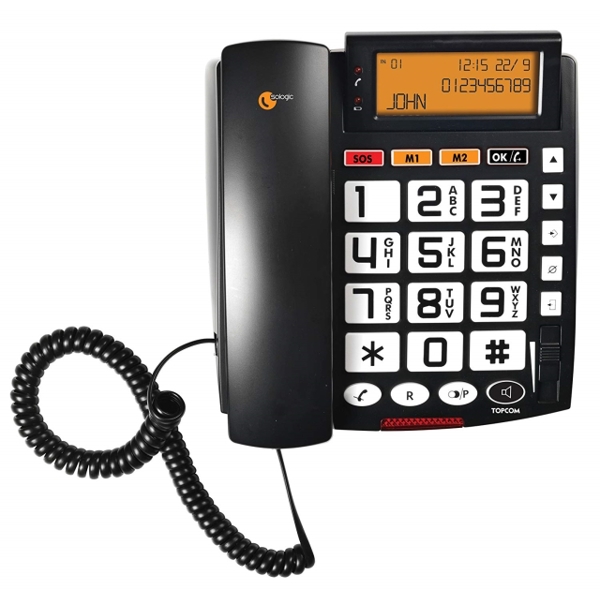 სტაციონარული ტელეფონი TOPCOM Big Button corded Tel Extra large LCD display with backlight Incoming call ringer LED Hearing aid compatible Recordable emergency message 2 direct memory numbers one touch Handsfree function Clock  timer Caller ID CLIP Wall mountable