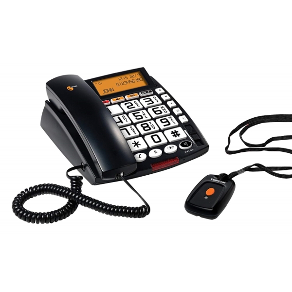 სტაციონარული ტელეფონი TOPCOM Big Button corded Tel Extra large LCD display with backlight Incoming call ringer LED Hearing aid compatible Recordable emergency message 2 direct memory numbers one touch Handsfree function Clock  timer Caller ID CLIP Wall mountable