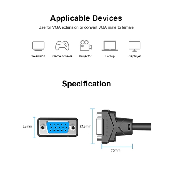 VGA გადასაბმელი VENTION DABBF VGA Extension Cable 1M Black