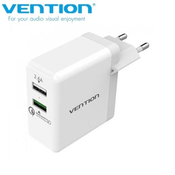 მობილურის დამტენი VENTION QC02 W Dual USB Charger 2.4A QC3.0 White European Type