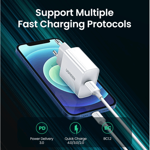 მობილურის დამტენი UGREEN CD137 (60450), Fast Charging Power Adapter With PD 20W, White