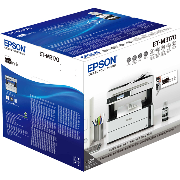 ჭავლური პრინტერი EPSON M3170 (C11CG92405) Wi-Fi / Network connection/ Duplex / ADF Printing Speed ISO/IEC 24734: 20 pages/min Monochrome უწყვეტი მიწოდების სისტემით