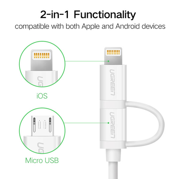 USB კაბელი UGREEN US178 (20876), USB 2.0 to Micro USB+Lightning (2 in 1) Data Cable, 1m, White