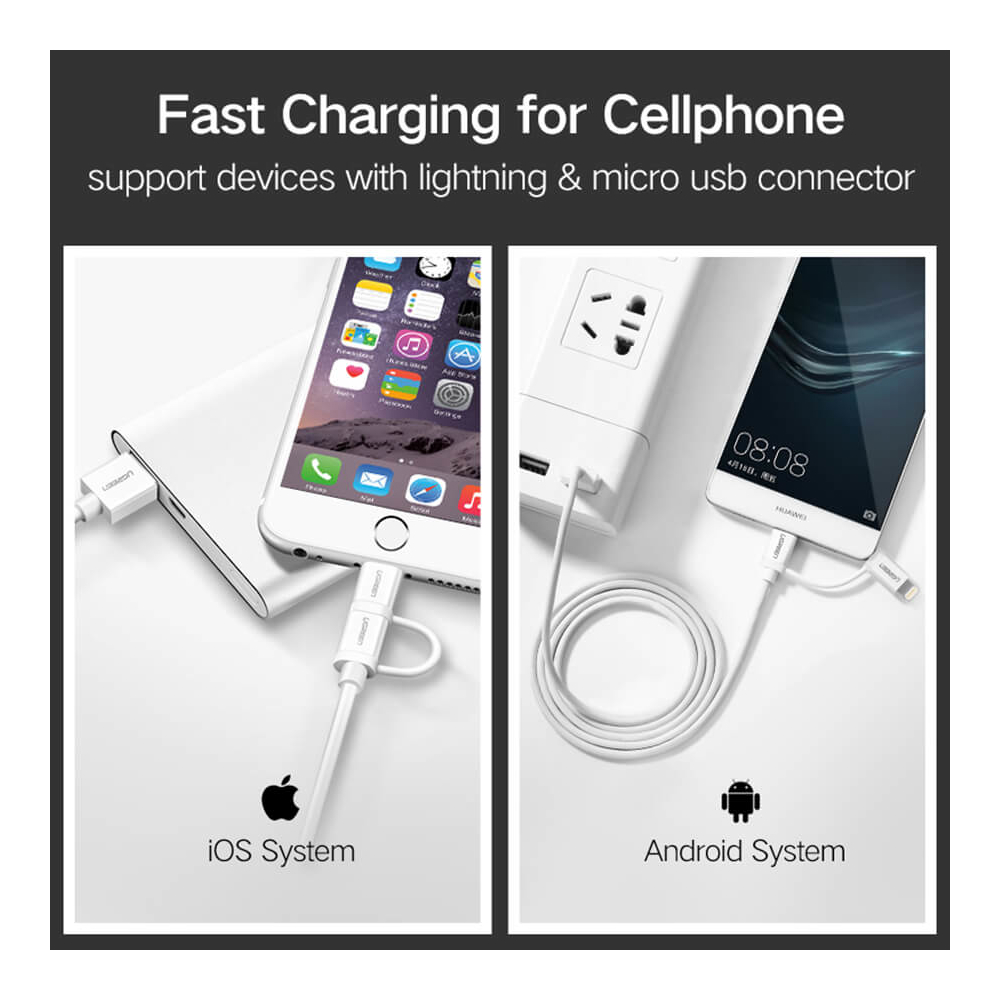 UGREEN US178 (20876), USB to Lightning/Micro USB, 1m, White