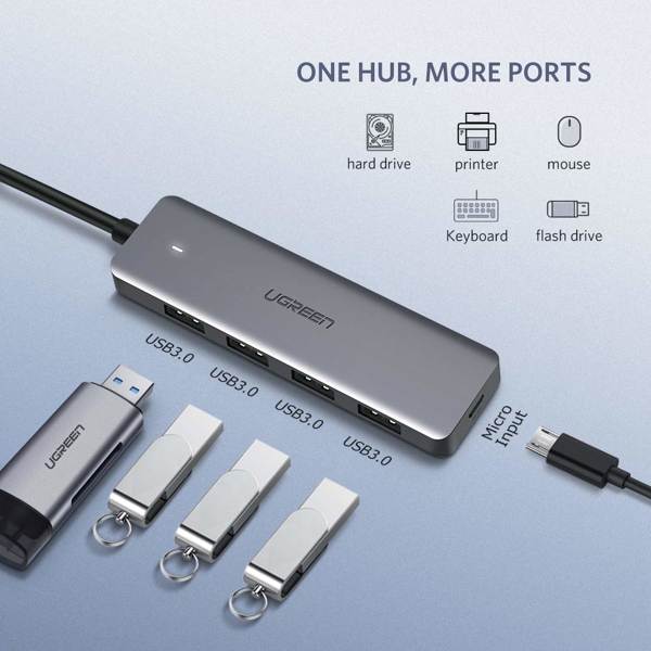 USB ჰაბი UGREEN CM219 (50985) UGREEN USB 3.0 4 Ports USB Hub Gray