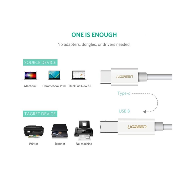 პრინტერის კაბელი UGREEN US241 (40417), Type-C to USB-B Cable, 1.5m, White