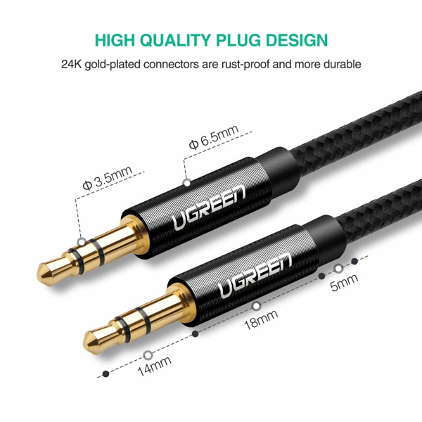 აუდიო კაბელი UGREEN AV112 (50361) 3.5mm Audio Cable Braided Auxiliary AUX Cord Compatible Male Cable Gold Plated 1M