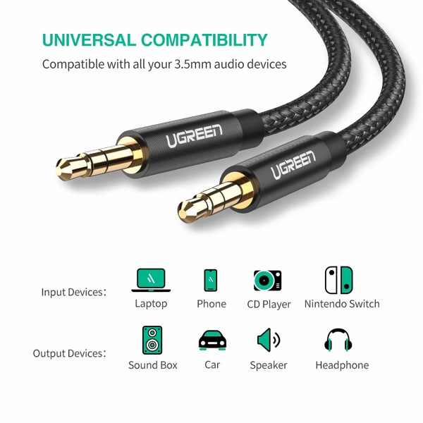 აუდიო კაბელი UGREEN AV112 (50361) 3.5mm Audio Cable Braided Auxiliary AUX Cord Compatible Male Cable Gold Plated 1M