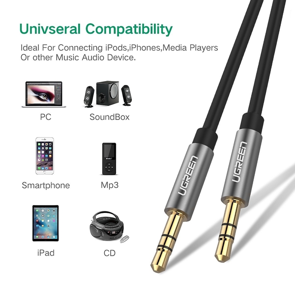 აუდიო კაბელი UGREEN AV119 (10734), 3.5mm Male to 3.5mm Male Audio Cable, 1.5m, Silver/Black