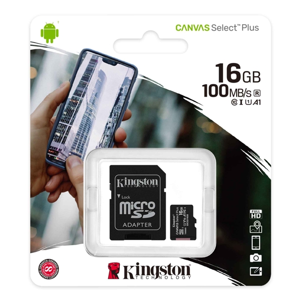 მეხსიერების ბარათი Kingston 16GB microSDHC C10 UHS-I R100MB/s Canvas Select Plus + SD