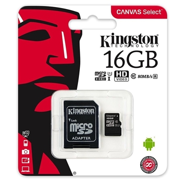 მეხსიერების ბარათი Kingston 16GB microSDHC C10 UHS-I R80MB/s + SD adapter