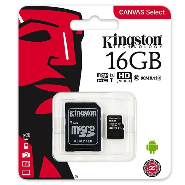 მეხსიერების ბარათი Kingston 16GB microSDHC C10 UHS-I R80MB/s + SD adapter