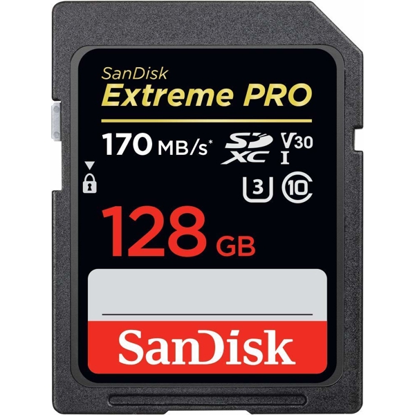 მეხსიერების ბარათი SanDisk 128GB SDXC C10 UHS-I U3 R170/W90MB/s Extreme Pro