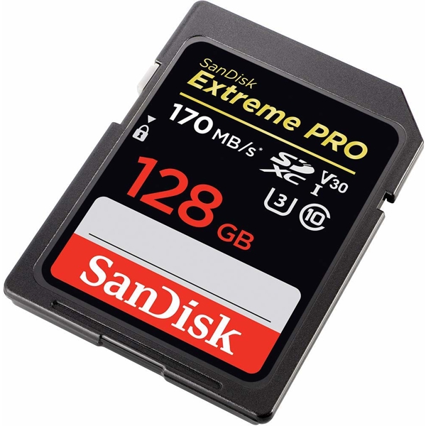 მეხსიერების ბარათი SanDisk 128GB SDXC C10 UHS-I U3 R170/W90MB/s Extreme Pro