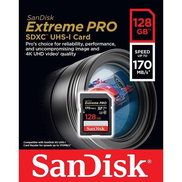 მეხსიერების ბარათი SanDisk 128GB SDXC C10 UHS-I U3 R170/W90MB/s Extreme Pro