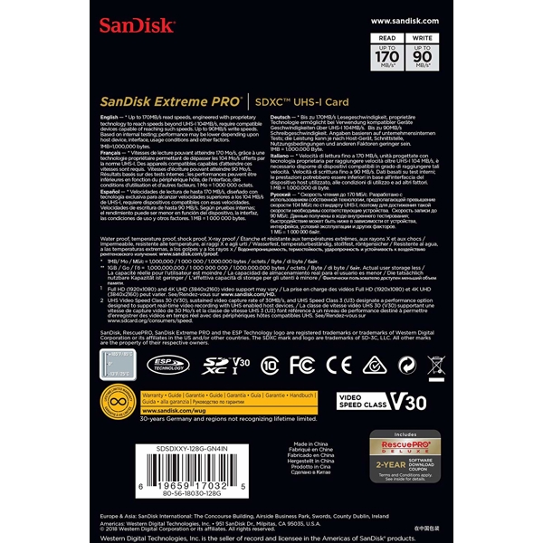 მეხსიერების ბარათი SanDisk 128GB SDXC C10 UHS-I U3 R170/W90MB/s Extreme Pro