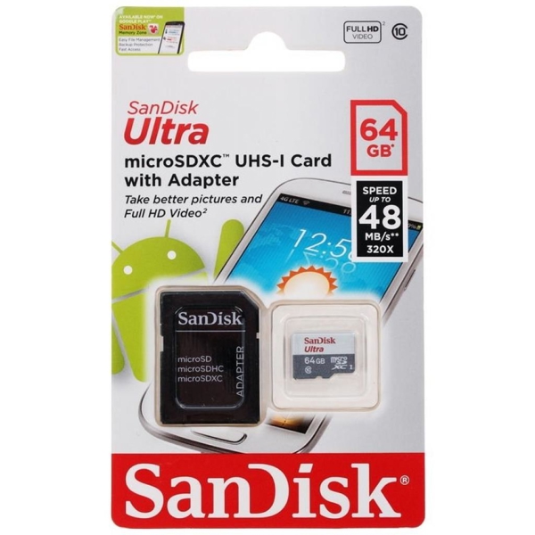 მეხსიერების ბარათი SanDisk 64GB microSDXC C10 UHS-I R80MB/s Ultra + SD Adaptor