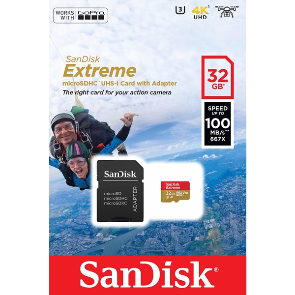 მეხსიერების ბარათი SanDisk 32GB microSDHC V30 A1 UHS-I U3 R100/W60MB/s 4K Extreme Action + SD