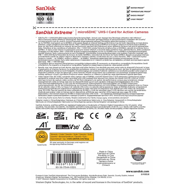 მეხსიერების ბარათი SanDisk 32GB microSDHC V30 A1 UHS-I U3 R100/W60MB/s 4K Extreme Action + SD