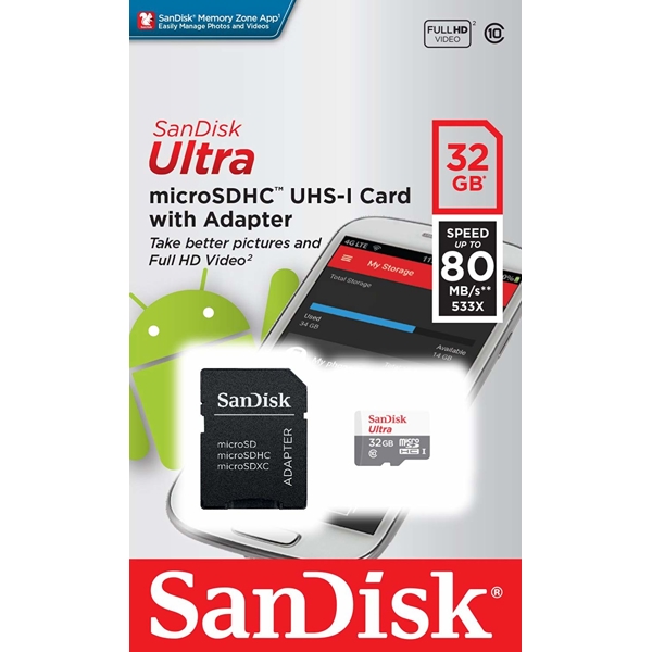 მეხსიერების ბარათი SanDisk 32GB micro SDHC C10 UHS-I R80MB/s Ultra + SD Adapter