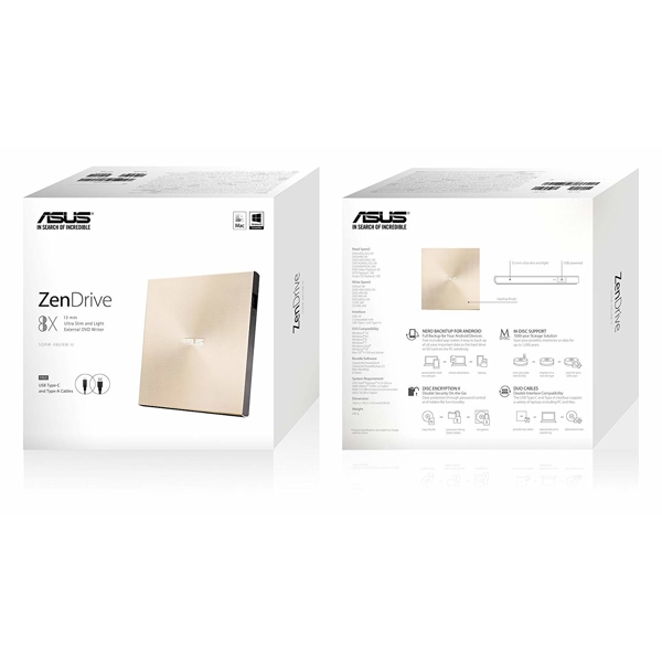 გარე დისკის წამკითხველი ASUS ZenDrive SDRW-08U9M-U DVD-R/RW USB2.0 EXT Ret Ultra Slim GOLD