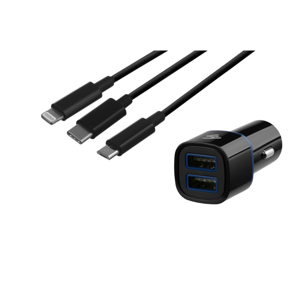 მანქანის USB დამტენი 2E ACR01 dual USBx2.1A  Cable 3 in 1 USB--Micro / Lightning / Type C / Black