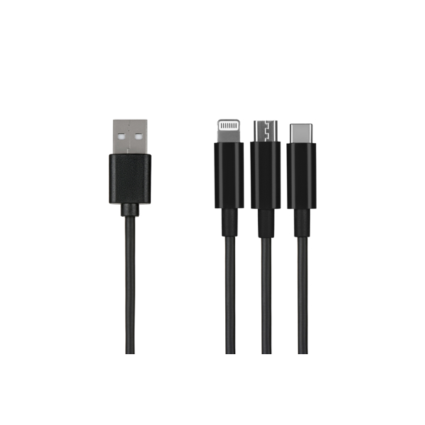 USB კაბელი 2E USB Cable 3 in 1 Micro / Lightning / Type-C 5V / 2.4A 1.2m / Black