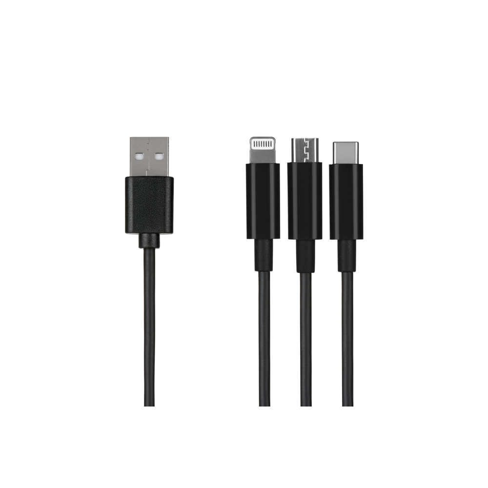USB კაბელი 2E USB Cable 3 in 1 Micro / Lightning / Type-C 5V / 2.4A 1.2m / Black